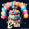 Hand-drawn happy birthday cake adorned with an arch of colorful balloons - name GIF for Erin