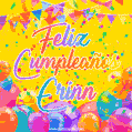 A bright and festive GIF with the text 'Feliz Cumpleaños Erinn' in Spanish in colorful fonts, surrounded by confetti, balloons, and festive banners on a vibrant yellow background.