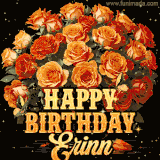 Animated bouquet of orange roses with moving butterfles and golden 'Happy Birthday Erinn' text, surrounded by sparkling accents and a dark backdrop for a luxurious feel.