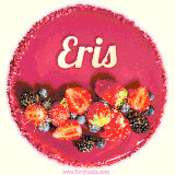 Beautifully decorated red velvet berry birthday cake with vibrant fruits and a glowing 'Eris' name, adding a touch of sweetness and sparkle.