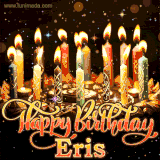A glowing personalized birthday GIF with name Eris featuring lit candles with intricate designs, warm lighting, and the text 'Happy Birthday' in an elegant font.