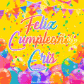 A bright and festive GIF with the text 'Feliz Cumpleaños Eris' in Spanish in colorful fonts, surrounded by confetti, balloons, and festive banners on a vibrant yellow background.