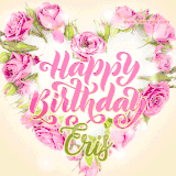 A stunning heart made of pink roses surrounds the elegant script text 'Happy Birthday Eris' on a soft beige background. Animated sparkles add a magical and festive feel.
