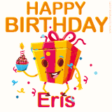 A vibrant and funny gift box character with a happy face dancing with a cupcake and the text 'Happy Birthday Eris,' surrounded by animated confetti and party vibes.
