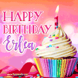 A vibrant birthday GIF featuring a rainbow-colored cupcake topped with white frosting, sprinkles, and a lit candle. The text reads 'Happy Birthday Erlea' in bold pink and violet letters with white outline.