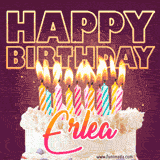 A colorful birthday cake topped with lit candles, with the words 'Happy Birthday Erlea' in bold glowing letters on a burgundy background. Animated flames add a festive touch.