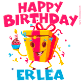 A vibrant and funny gift box character with a happy face dancing with a cupcake and the text 'Happy Birthday Erlea,' surrounded by animated confetti and party vibes.
