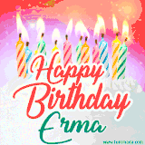Bright birthday candles with rainbow flames on a cake, alongside the text 'Happy Birthday Erma' in vibrant script in this celebratory animated GIF.