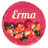 Beautifully decorated red velvet berry birthday cake with vibrant fruits and a glowing 'Erma' name, adding a touch of sweetness and sparkle.