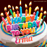 A colorful birthday cake topped with lit candles, with the words 'Happy Birthday Erma' in bold glowing letters on a burgundy background. Animated flames add a festive touch.