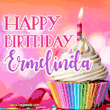A vibrant birthday GIF featuring a rainbow-colored cupcake topped with white frosting, sprinkles, and a lit candle. The text reads 'Happy Birthday Ermelinda' in bold pink and violet letters with white outline.