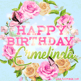 A charming animated GIF featuring 'Happy Birthday Ermelinda' in pink and green text, surrounded by delicate roses, leaves, and fluttering butterflies on a soft light blue pastel background.