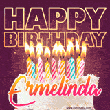 A colorful birthday cake topped with lit candles, with the words 'Happy Birthday Ermelinda' in bold glowing letters on a burgundy background. Animated flames add a festive touch.