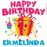 A vibrant and funny gift box character with a happy face dancing with a cupcake and the text 'Happy Birthday Ermelinda,' surrounded by animated confetti and party vibes.
