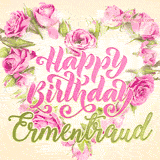 A stunning heart made of pink roses surrounds the elegant script text 'Happy Birthday Ermentraud' on a soft beige background. Animated sparkles add a magical and festive feel.
