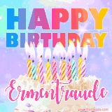 A vibrant animated name GIF with the words 'Happy Birthday Ermentraude' with colorful candles on a creamy cake. The background sparkles with pastel shades, adding a festive touch.
