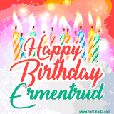 Bright birthday candles with rainbow flames on a cake, alongside the text 'Happy Birthday Ermentrud' in vibrant script in this celebratory animated GIF.