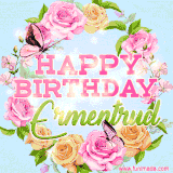 A charming animated GIF featuring 'Happy Birthday Ermentrud' in pink and green text, surrounded by delicate roses, leaves, and fluttering butterflies on a soft light blue pastel background.