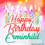Bright birthday candles with rainbow flames on a cake, alongside the text 'Happy Birthday Erminhild' in vibrant script in this celebratory animated GIF.