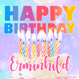A vibrant animated name GIF with the words 'Happy Birthday Erminhild' with colorful candles on a creamy cake. The background sparkles with pastel shades, adding a festive touch.
