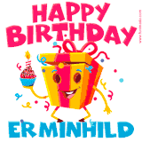 A vibrant and funny gift box character with a happy face dancing with a cupcake and the text 'Happy Birthday Erminhild,' surrounded by animated confetti and party vibes.