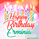 Bright birthday candles with rainbow flames on a cake, alongside the text 'Happy Birthday Erminia' in vibrant script in this celebratory animated GIF.