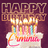 A colorful birthday cake topped with lit candles, with the words 'Happy Birthday Erminia' in bold glowing letters on a burgundy background. Animated flames add a festive touch.