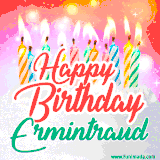 Bright birthday candles with rainbow flames on a cake, alongside the text 'Happy Birthday Ermintraud' in vibrant script in this celebratory animated GIF.