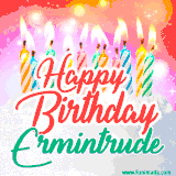 Bright birthday candles with rainbow flames on a cake, alongside the text 'Happy Birthday Ermintrude' in vibrant script in this celebratory animated GIF.