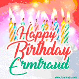 Bright birthday candles with rainbow flames on a cake, alongside the text 'Happy Birthday Ermtraud' in vibrant script in this celebratory animated GIF.