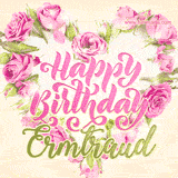 A stunning heart made of pink roses surrounds the elegant script text 'Happy Birthday Ermtraud' on a soft beige background. Animated sparkles add a magical and festive feel.