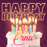 A colorful birthday cake topped with lit candles, with the words 'Happy Birthday Erna' in bold glowing letters on a burgundy background. Animated flames add a festive touch.