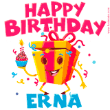 A vibrant and funny gift box character with a happy face dancing with a cupcake and the text 'Happy Birthday Erna,' surrounded by animated confetti and party vibes.