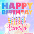 Animated Happy Birthday Cake with Name Ernesta and Burning Candles