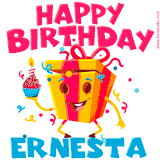 A vibrant and funny gift box character with a happy face dancing with a cupcake and the text 'Happy Birthday Ernesta,' surrounded by animated confetti and party vibes.