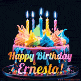 A vibrant animated GIF featuring a colorful rotating birthday cake with bright frosting swirls, glowing candles, and the text 'Happy Birthday Ernesto!' in rainbow colors.