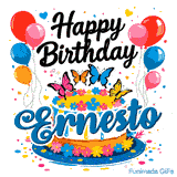 Brightly colored butterflies and little flower decorations on a white drip cake, designed as a birthday GIF for Ernesto.