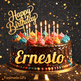 Elegant birthday GIF showing a rich chocolate cake on a gold stand, topped with colorful icing and lit candles for Ernesto.