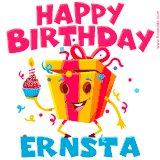 A vibrant and funny gift box character with a happy face dancing with a cupcake and the text 'Happy Birthday Ernsta,' surrounded by animated confetti and party vibes.