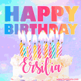 Animated Happy Birthday Cake with Name Ersilia and Burning Candles