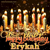 A glowing personalized birthday GIF with name Erykah featuring lit candles with intricate designs, warm lighting, and the text 'Happy Birthday' in an elegant font.