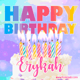 A vibrant animated name GIF with the words 'Happy Birthday Erykah' with colorful candles on a creamy cake. The background sparkles with pastel shades, adding a festive touch.