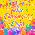 A bright and festive GIF with the text 'Feliz Cumpleaños Eryn' in Spanish in colorful fonts, surrounded by confetti, balloons, and festive banners on a vibrant yellow background.