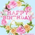 A charming animated GIF featuring 'Happy Birthday Eryn' in pink and green text, surrounded by delicate roses, leaves, and fluttering butterflies on a soft light blue pastel background.