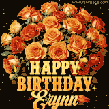 Animated bouquet of orange roses with moving butterfles and golden 'Happy Birthday Erynn' text, surrounded by sparkling accents and a dark backdrop for a luxurious feel.