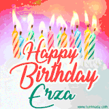 Bright birthday candles with rainbow flames on a cake, alongside the text 'Happy Birthday Erza' in vibrant script in this celebratory animated GIF.