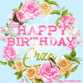 A charming animated GIF featuring 'Happy Birthday Erza' in pink and green text, surrounded by delicate roses, leaves, and fluttering butterflies on a soft light blue pastel background.