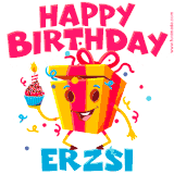 A vibrant and funny gift box character with a happy face dancing with a cupcake and the text 'Happy Birthday Erzsi,' surrounded by animated confetti and party vibes.