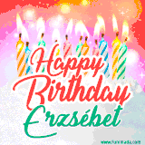 Bright birthday candles with rainbow flames on a cake, alongside the text 'Happy Birthday Erzsébet' in vibrant script in this celebratory animated GIF.
