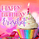 A vibrant birthday GIF featuring a rainbow-colored cupcake topped with white frosting, sprinkles, and a lit candle. The text reads 'Happy Birthday Erzsébet' in bold pink and violet letters with white outline.